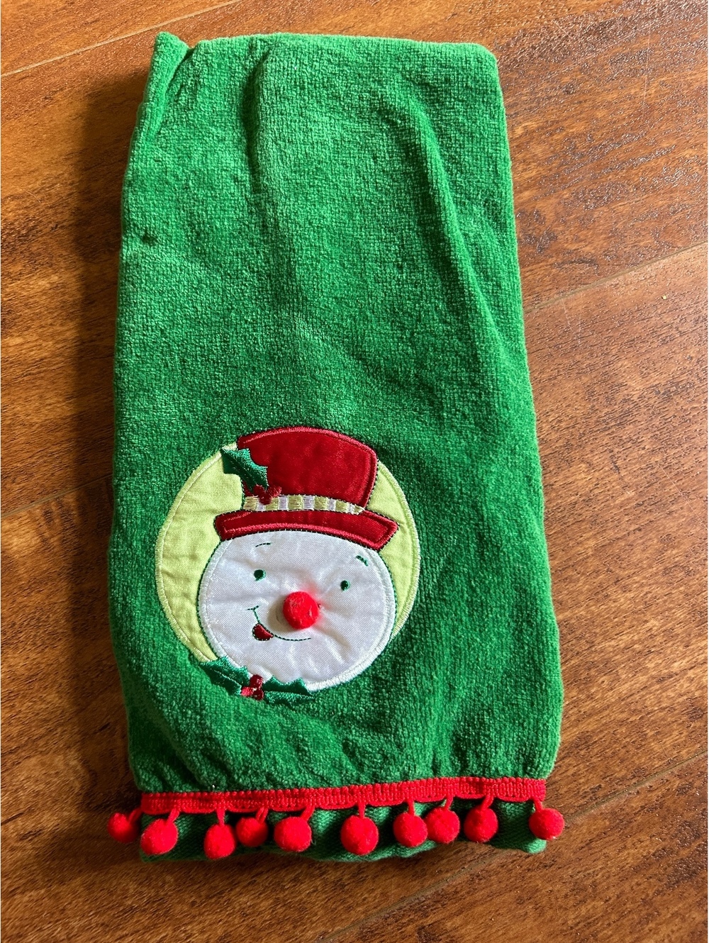 Festive Green Christmas Snowman Kitchen Hand Towel with Red Pom Pom Trim